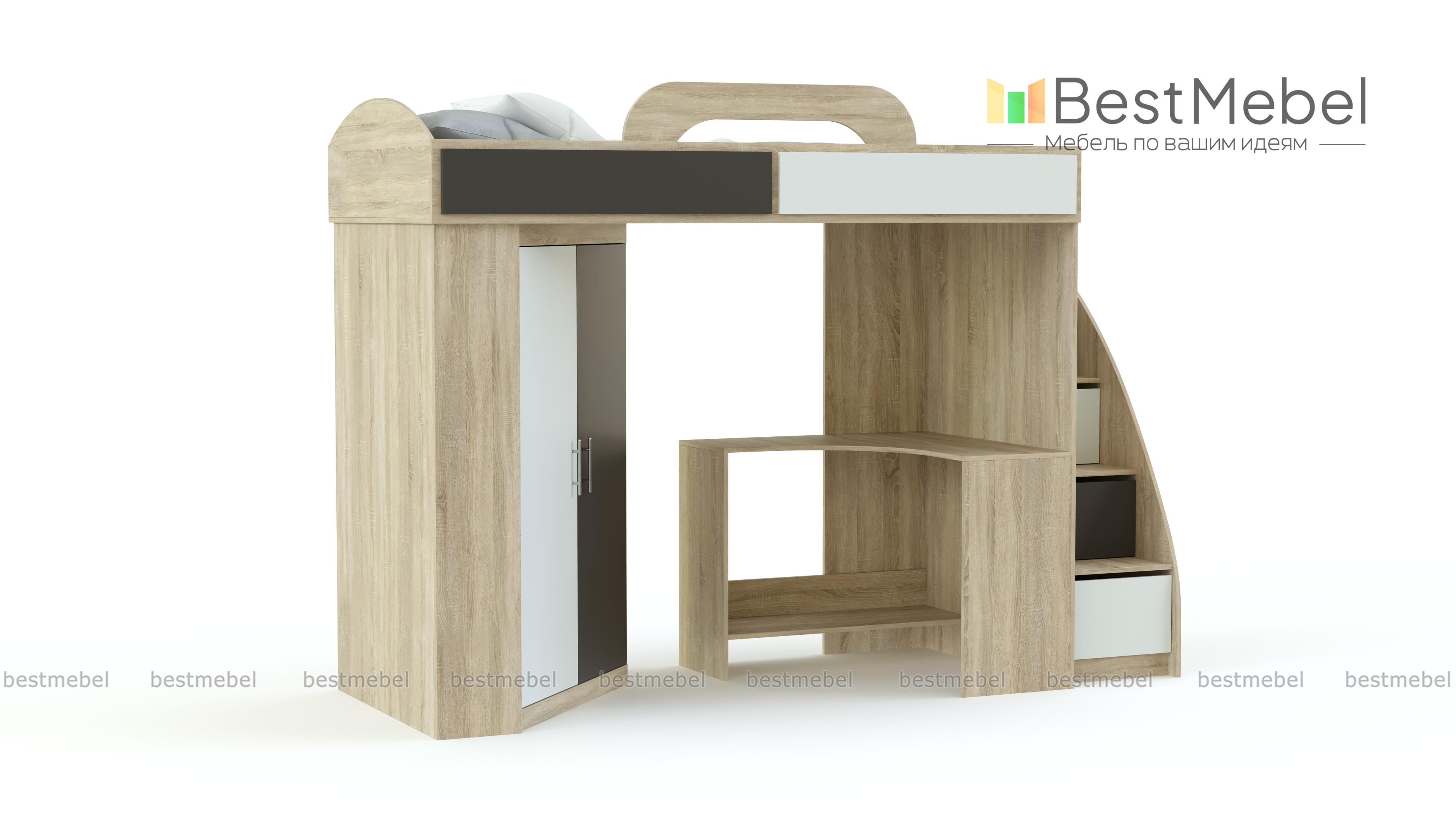 Кровать-чердак со шкафом и столом Фимо 2 BMS - Фото